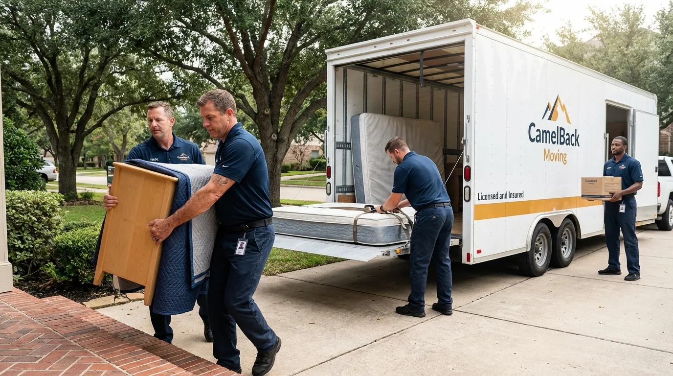 Crew loading residential truck for cross-state move from Carmel, IN
