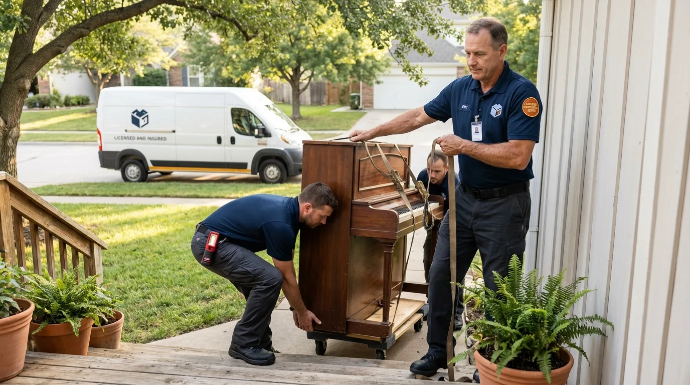 Licensed piano movers securing grand piano in Carmel, IN