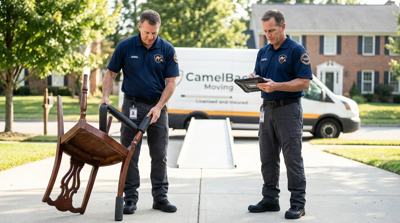 Movers inspecting furniture for damage prevention before loading in Carmel, IN