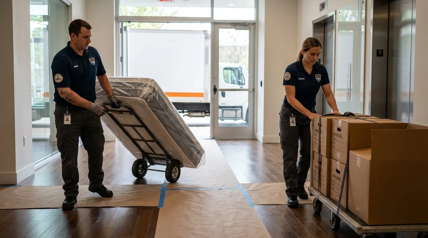 Professional apartment movers loading elevator in Carmel, IN